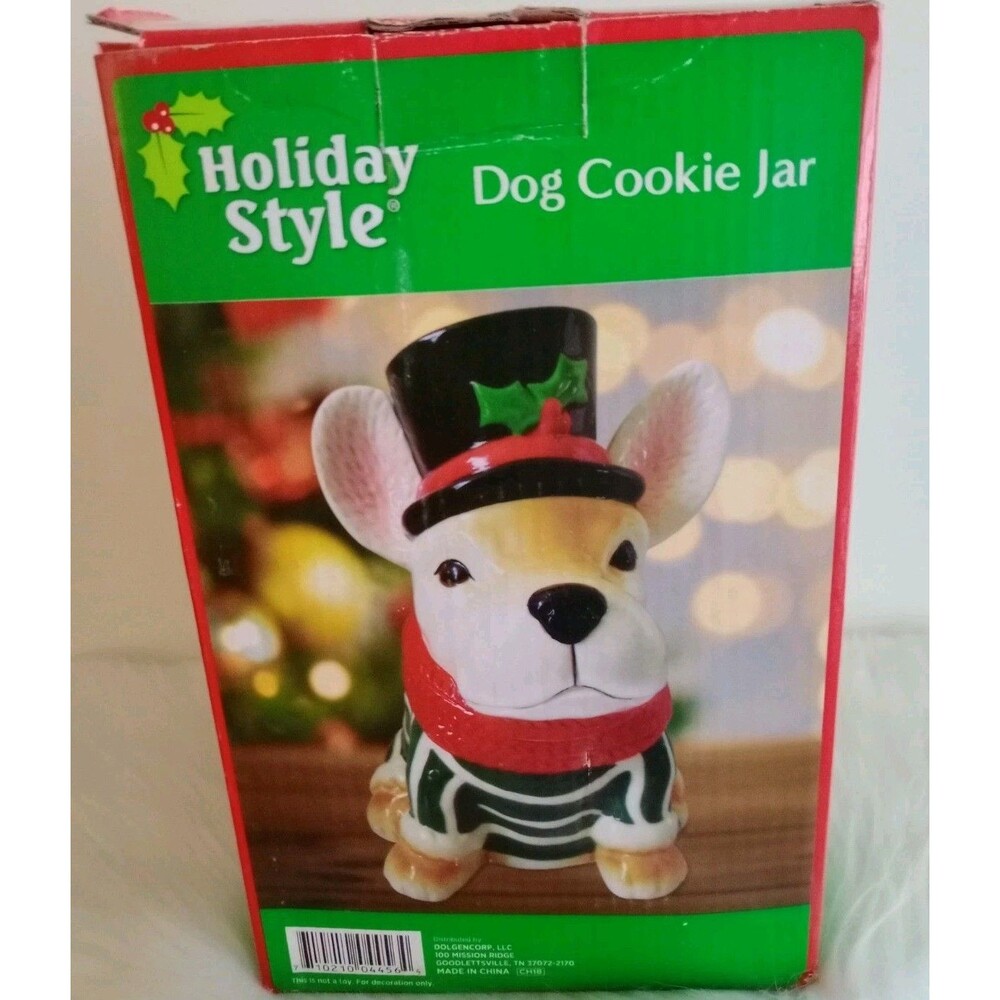 Christmas French Bulldog Ceramic Cookie Jar Treats 9” Holiday Figurine NOS